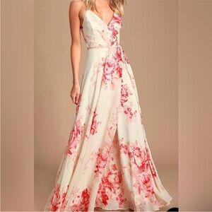 Elegantly Inclined Cream and Coral Floral Print Wrap Maxi Dress